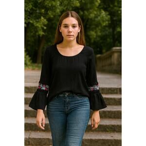 Luna Project Floral Embroidery Blouse XS Black Bell Sleeve Fairy Boho Whimsigoth